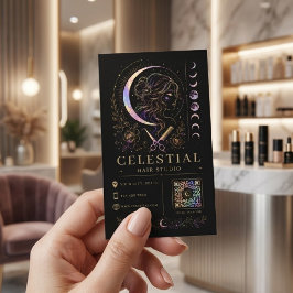 Celestial Hair Studio Lyx Svart Guld QR Salong Visitkort