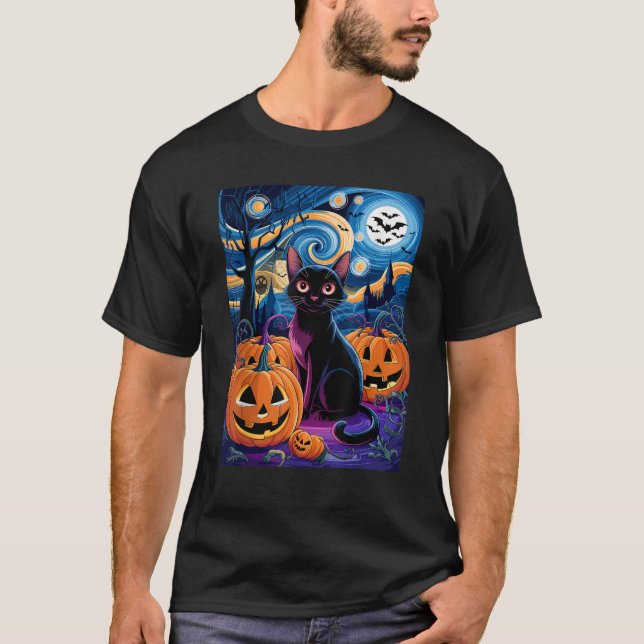 Celestial Halloween Black Cat Starry NattDesi T Shirt (Framsida)