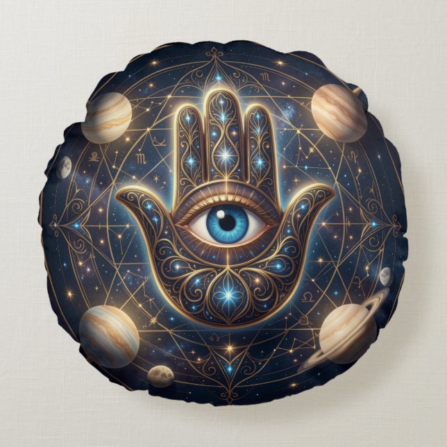 Celestial Hamsa Hand & Evil Eye Cosmic Protection  Rund Kudde (Framsidan)