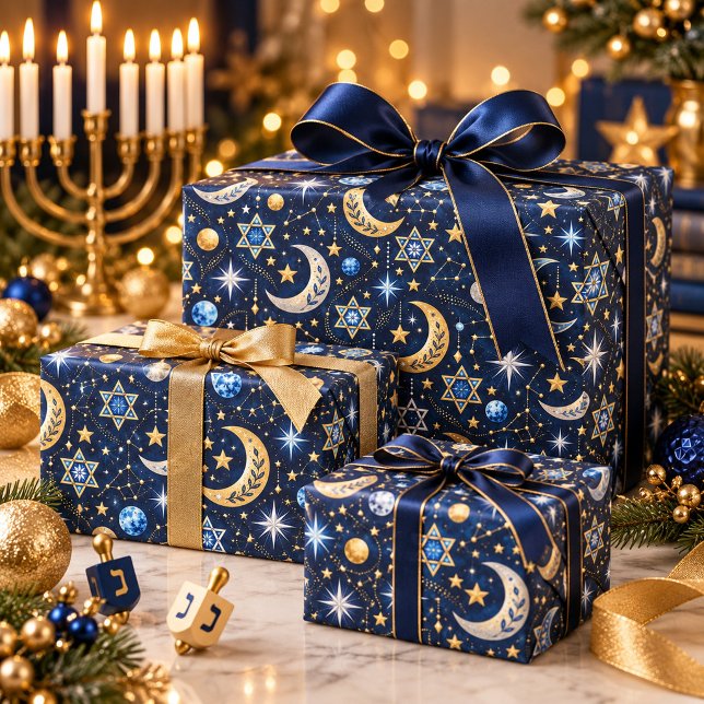 Celestial Hanukkah Natt Himmel Guld Stjärnor  Presentpapper (Skapare uppladdad)