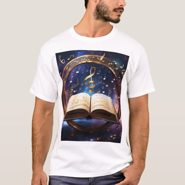 Celestial Harmony: Bok of Cosmic Melodies T Shirt (Framsida)