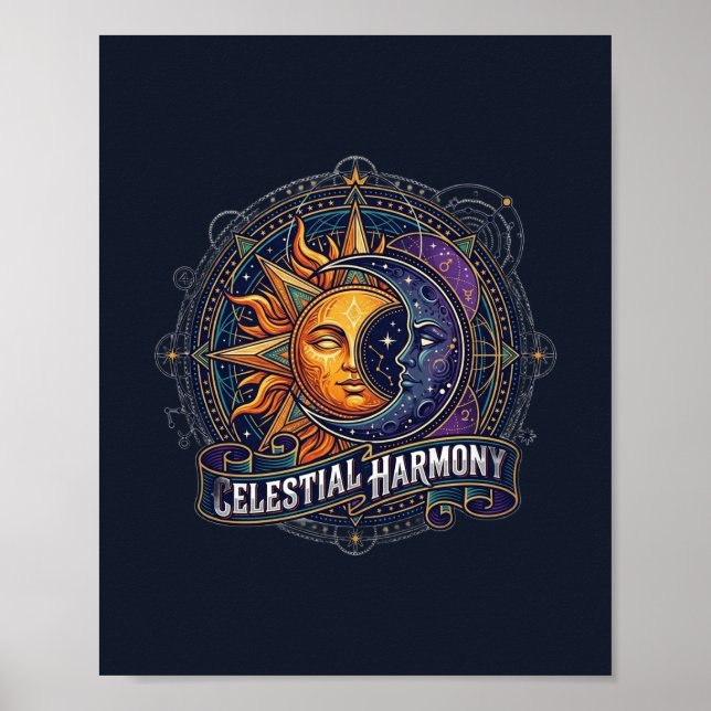 Celestial Harmony Sol Måne Kompass Konst Poster (Framsidan)