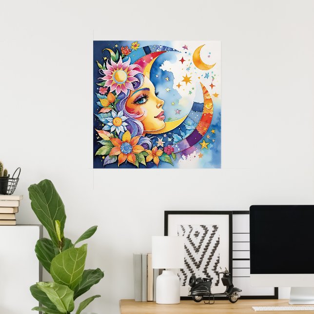 Celestial Harmony: Sol och Blommigt Måne-Ansikte Poster (Hemmakontoret)