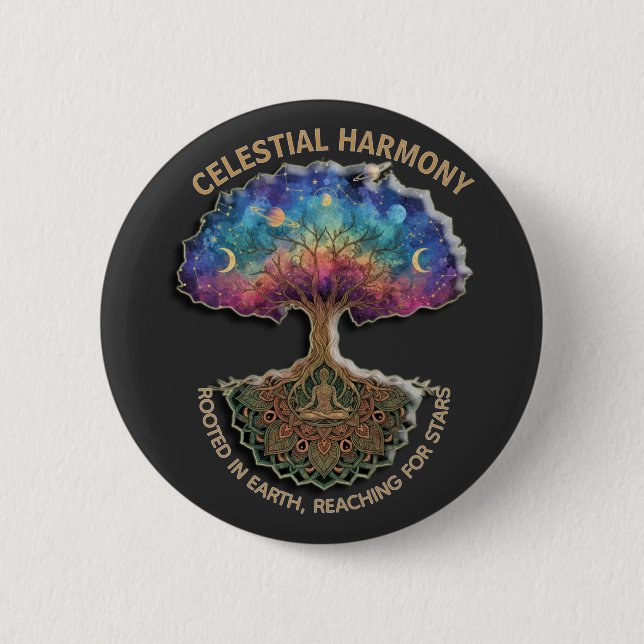 Celestial Harmony Träd | Kosmisk Meditation Mandal Knapp (Framsida)
