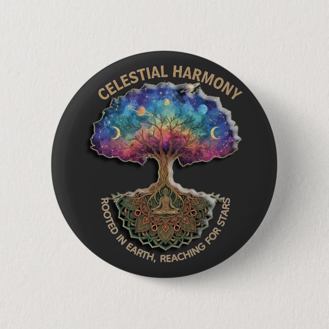 Celestial Harmony Tree | Cosmic Meditation Mandala Knapp (Framsida)