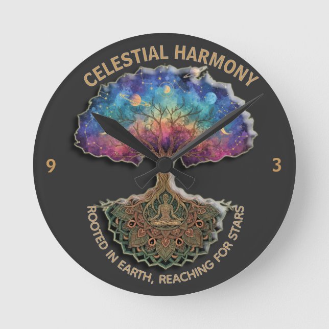 Celestial Harmony Tree - Cosmic Meditation Mandala Rund Klocka (Framsida)