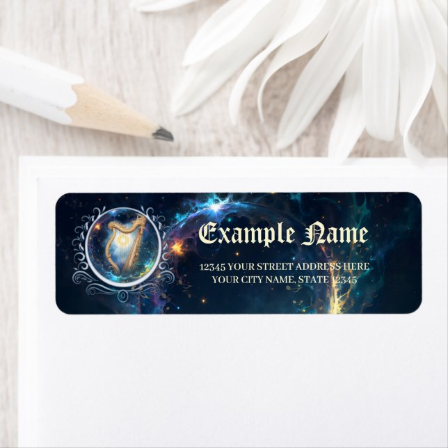 Celestial Harp of the Moonbound Skies.  Returadress Etikett (Insitu)