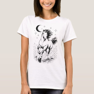 Celestial Häst Galopperande Halvmåne Stjärnor Linj T Shirt