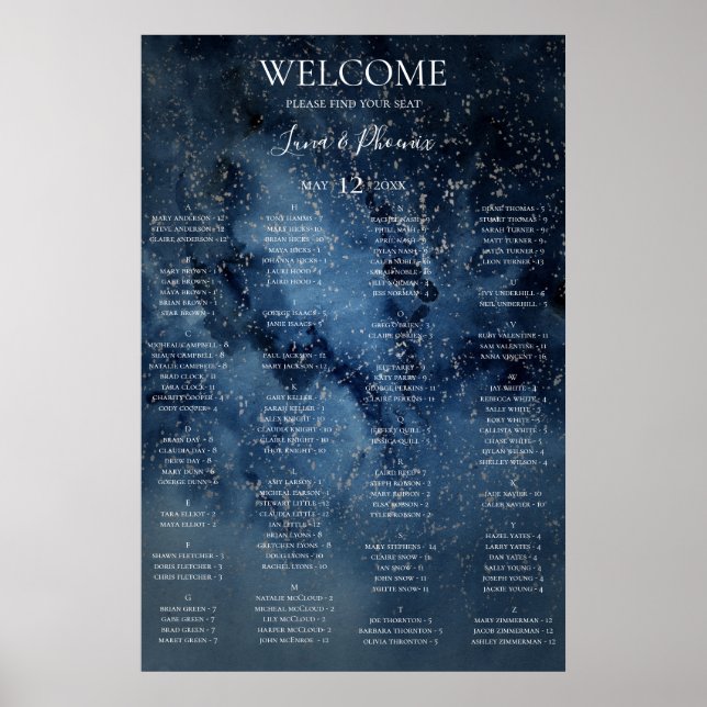 Celestial Himlar | Silver Alfabetiskt sittningssch Poster (Framsidan)
