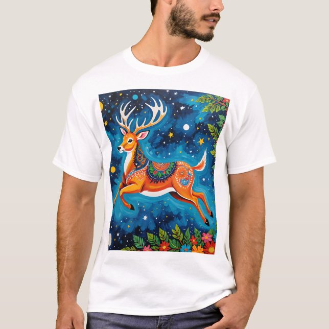 Celestial Hjort - Gond Art i stjärnor T Shirt (Framsida)