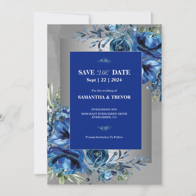 Celestial Kärlek Silver, Blue Elegance Save Date Inbjudningar (Framsida)