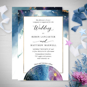 Celestial Karta Teal Blue Lila Watercolor Bröllop Inbjudningar