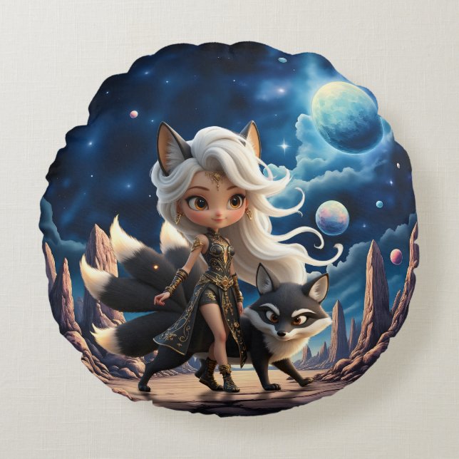 Celestial Kitsune – Vaktare av de Fyra Svansarna.  Rund Kudde (Framsidan)