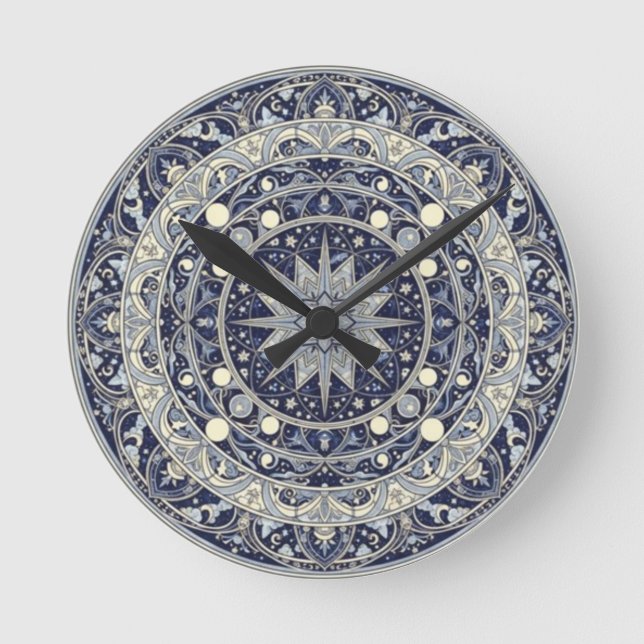 Celestial Kompass Mandala Stjärnmönster Konst Rund Klocka (Framsida)