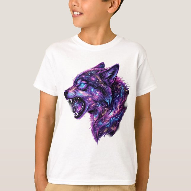 Celestial Kosmisk Galax Varg Ryter Grafik T-Shirt (Framsida)