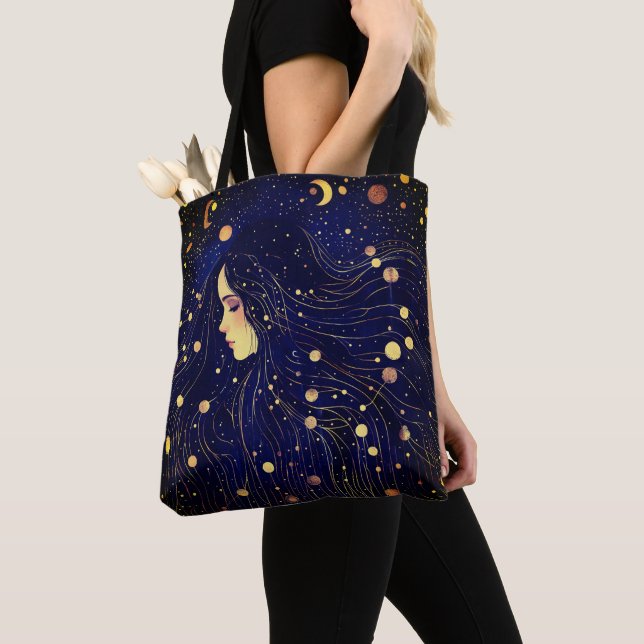 Celestial Kvinna Gudinnan Månen Stjärnor Himmel Tygkasse (Närbild)