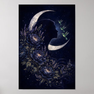 Celestial kvinna silhuett med blommor och kolibri poster