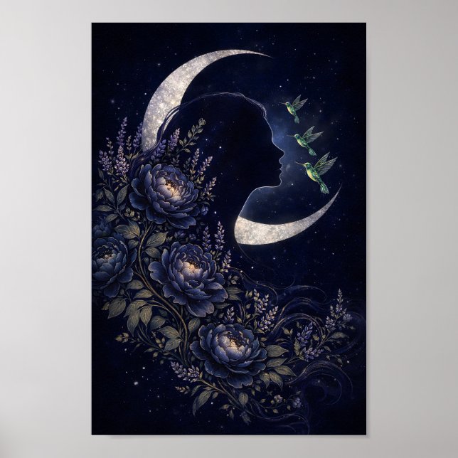 Celestial kvinna silhuett med blommor och kolibri poster (Framsidan)