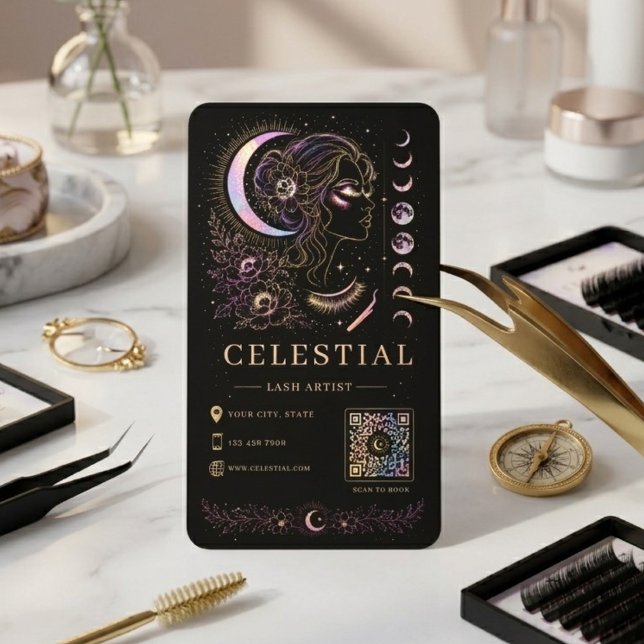 Celestial Lash Artist Lyx Svart Guld QR Skönhet Visitkort (Skapare uppladdad)