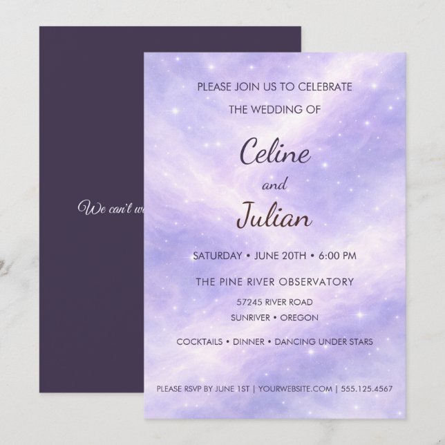 Celestial Lavender Nebula Under the Stars Wedding  Inbjudningar (Fram/baksida)