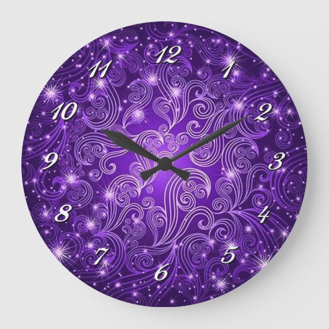 Celestial Lila Swirls & Stars Wall Clock Stor Klocka (Framsida)
