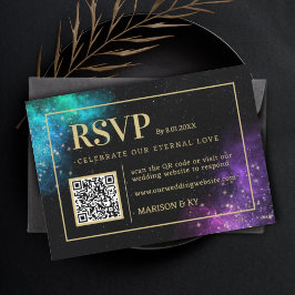 Celestial Lila Teal Nebula Stars Bröllop OSA QR Anteckningskort