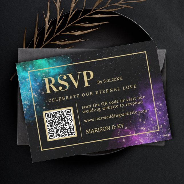 Celestial Lila Teal Nebula Stars Bröllop OSA QR Anteckningskort (Skapare uppladdad)