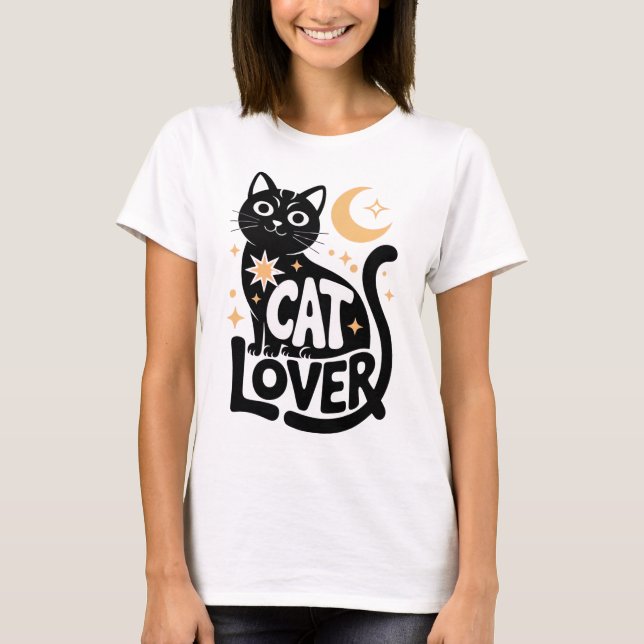 Celestial Magi Svart Katt Älskare Design T Shirt (Framsida)