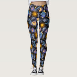 Celestial Magic Mönster Måne Stars Sol Black Leggings