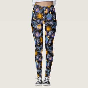 Celestial Magic Mönster Måne Stars Sol Black Leggings