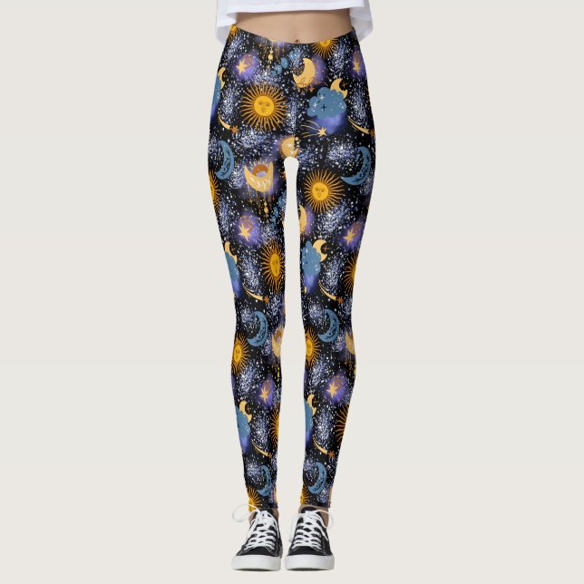 Celestial Magic Mönster Måne Stars Sol Black Leggings (Framsida)