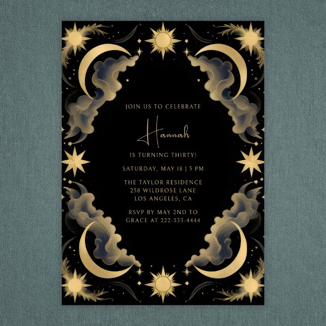 Celestial Måne Black Guld Tarot Witch Birthday Inbjudningar (Celestial Moon & Stars Birthday – Elegant Night Sky Party for Adults Invitation)