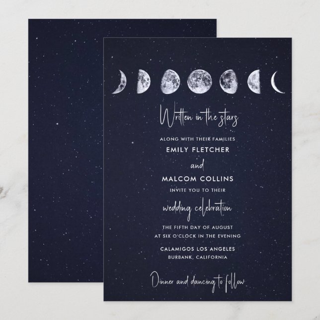Celestial Måne-faserna skrivna i Stars Bröllop Inbjudningar (Fram/baksida)