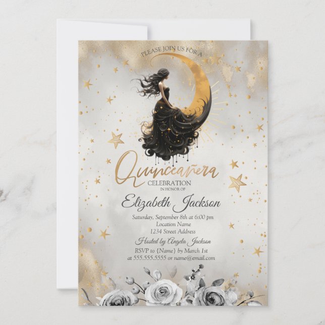 Celestial Måne Girl Flowers Stars Quinceanera Inbjudningar (Framsida)