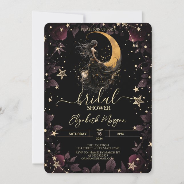 Celestial Måne,Girl,Stars Flowers Möhippa Inbjudningar (Framsida)