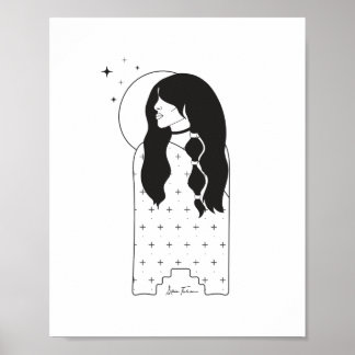 Celestial Måne Maiden Black and White Print Poster