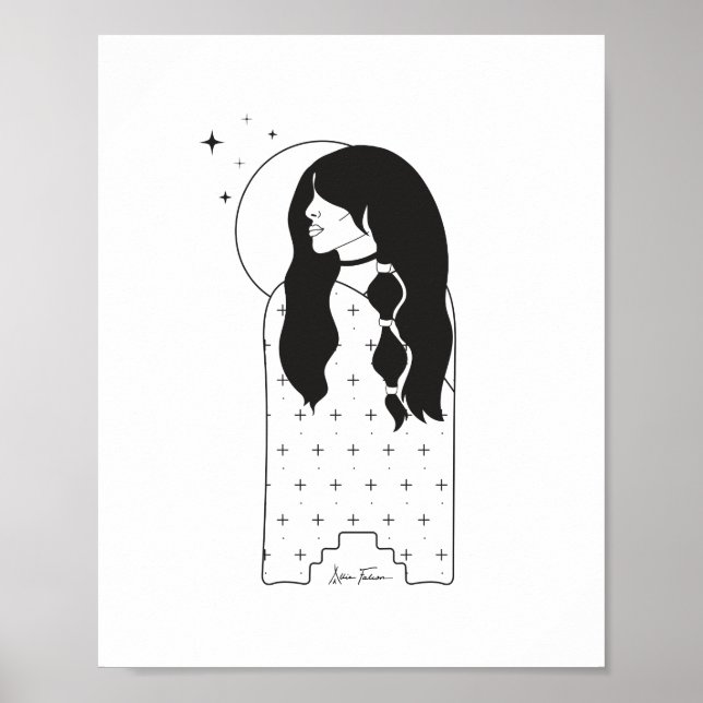 Celestial Måne Maiden Black and White Print Poster (Framsidan)