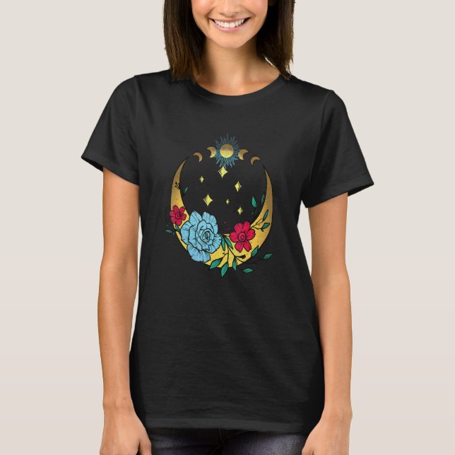 Celestial Måne och Flowers Boho Crescent Måne T Shirt (Framsida)