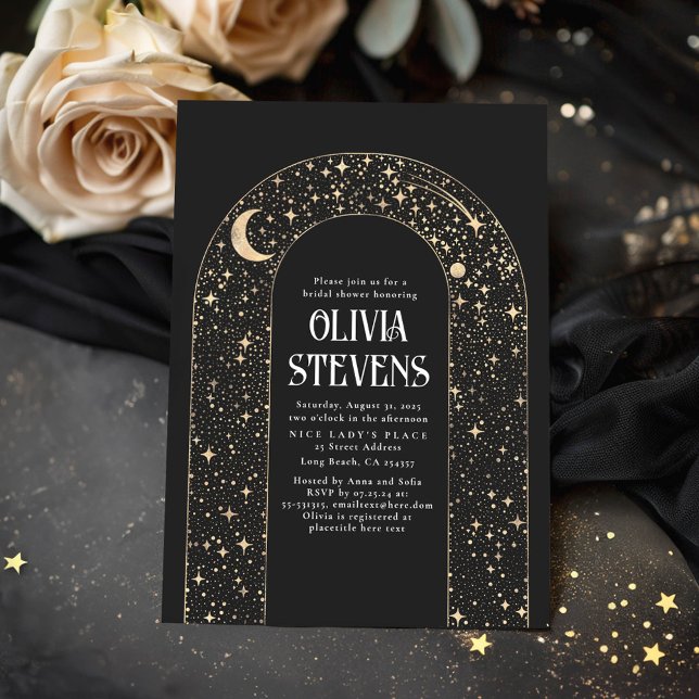 Celestial Måne och Stars Black Möhippa Inbjudningar (Celestial Black Bridal Shower Invitations)