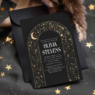 Celestial Måne och Stars Black Mystical Birthday Inbjudningar