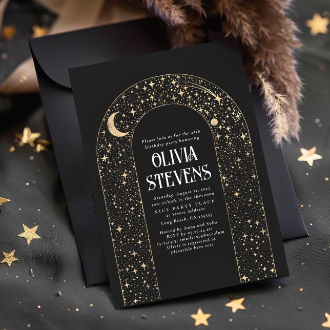 Celestial Måne och Stars Black Mystical Birthday Inbjudningar (Celestial Astronomy Birthday Invitations)