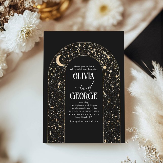 Celestial Måne och Stars Black Rehearsal Middag Inbjudningar (Celestial Stars Arch Black and Gold Rehearsal Dinner Invitations)