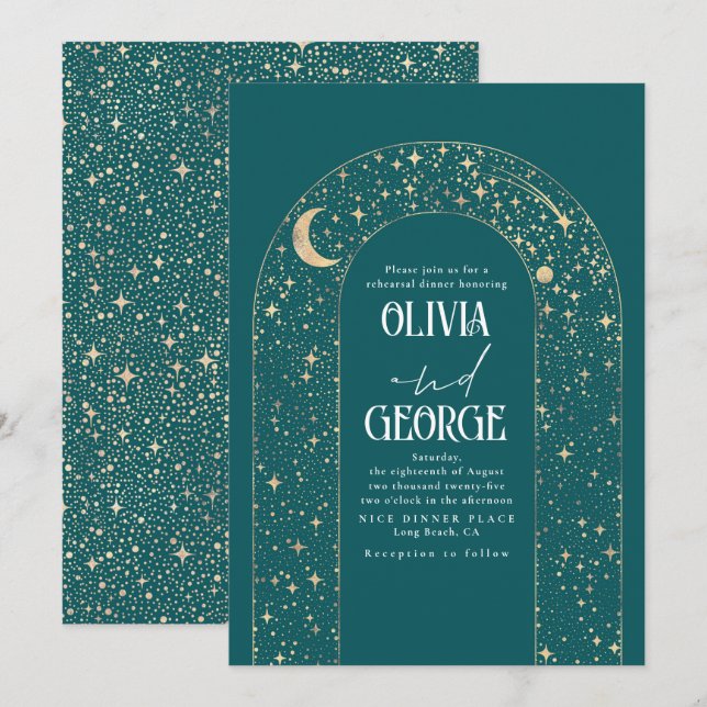Celestial Måne och Stars Teal Rehearsal Middag Inbjudningar (Fram/baksida)