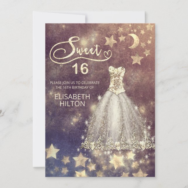 Celestial måne och stjärnor calligraphy sweet sixt inbjudningar (Framsida)