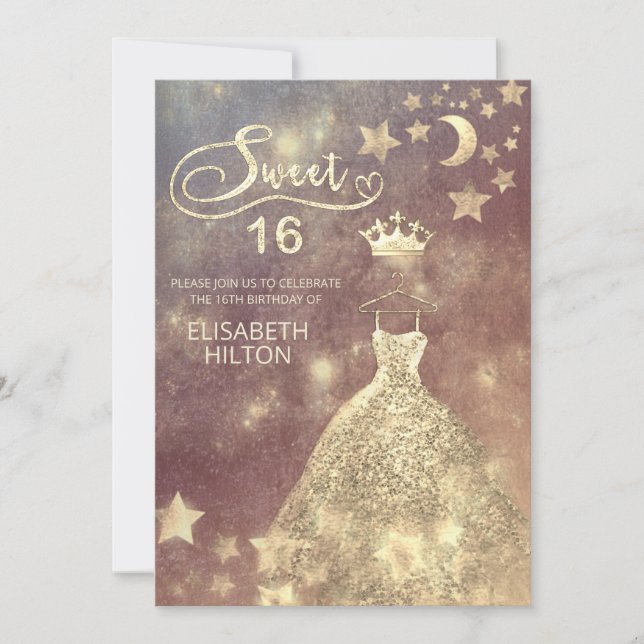 Celestial måne och stjärnor calligraphy sweet sixt inbjudningar (Framsida)