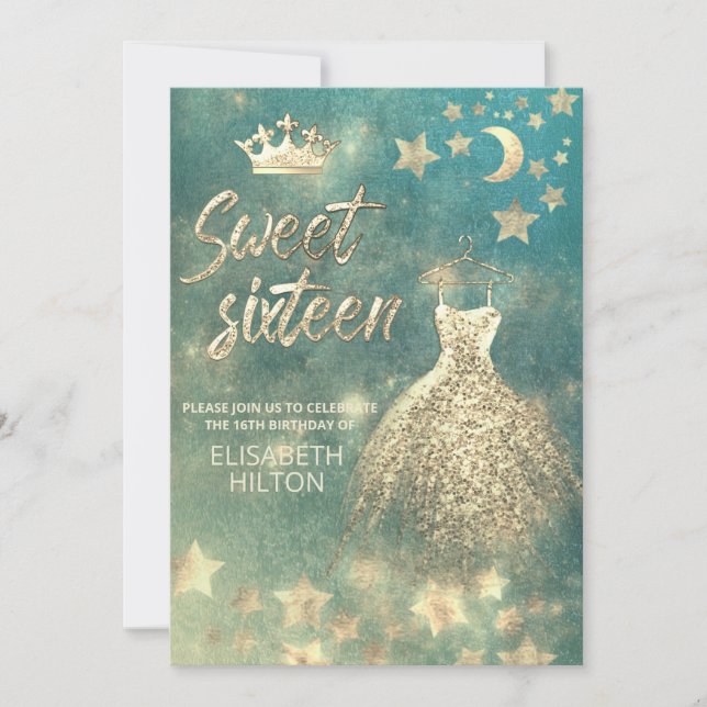Celestial måne och stjärnor calligraphy sweet sixt inbjudningar (Framsida)