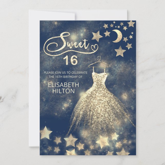 Celestial måne och stjärnor calligraphy sweet sixt inbjudningar (Framsida)