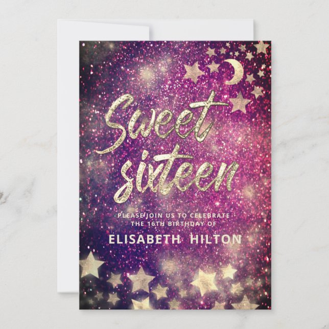 Celestial måne och stjärnor calligraphy sweet sixt inbjudningar (Framsida)