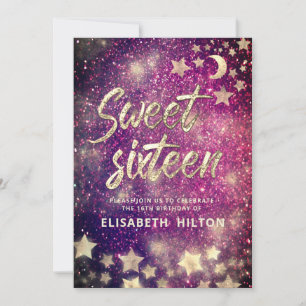 Celestial måne och stjärnor calligraphy sweet sixt inbjudningar