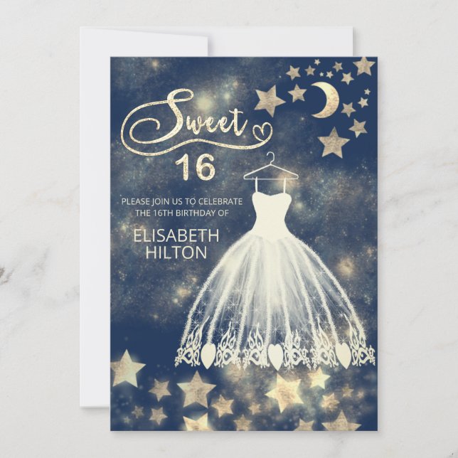 Celestial måne och stjärnor calligraphy sweet sixt inbjudningar (Framsida)